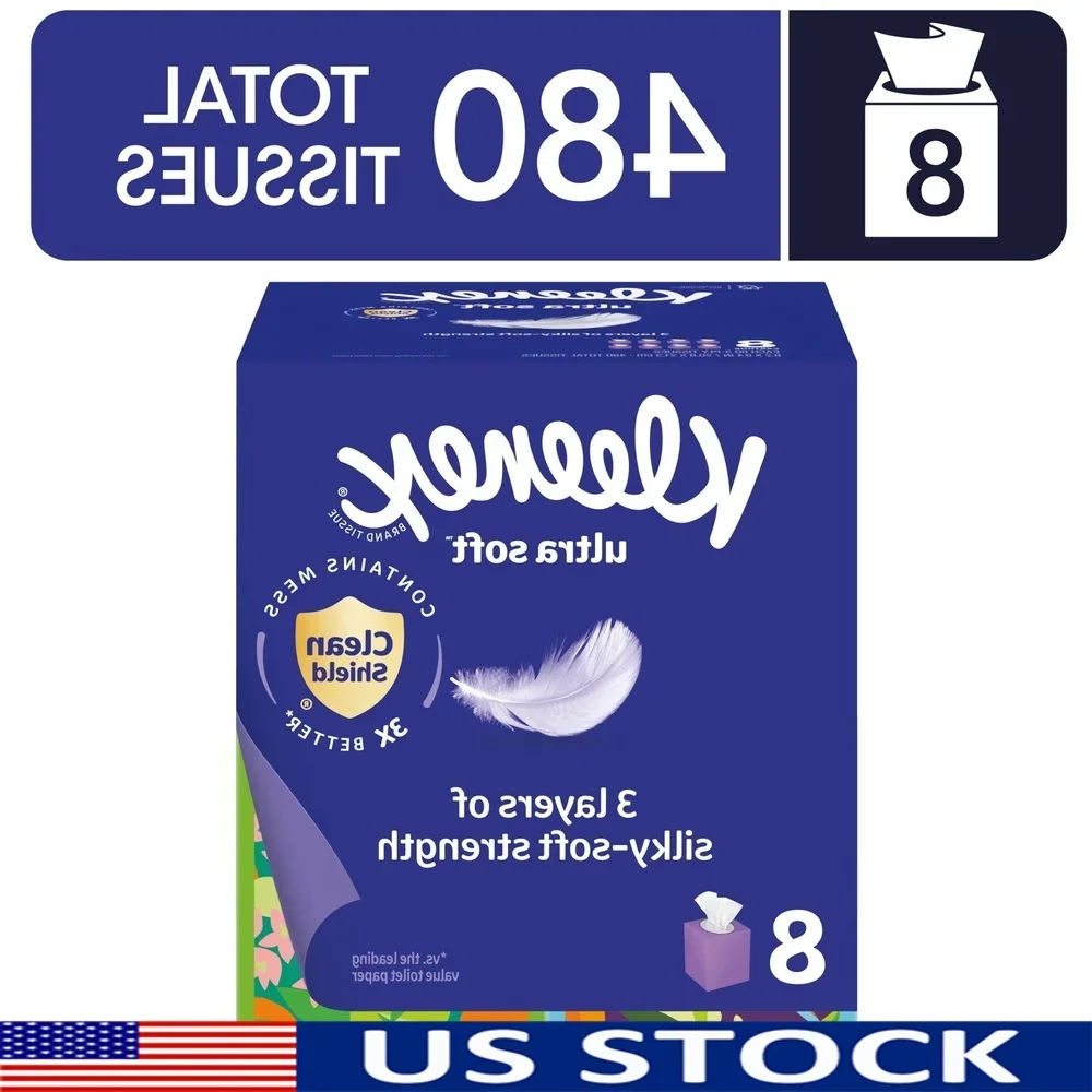 

Ultra Soft Facial Tissues 3-Ply 8 Cube Boxes 60 Count Hypoallergenic Clean Shield Technology Gentle on Skin Ideal All Seasons