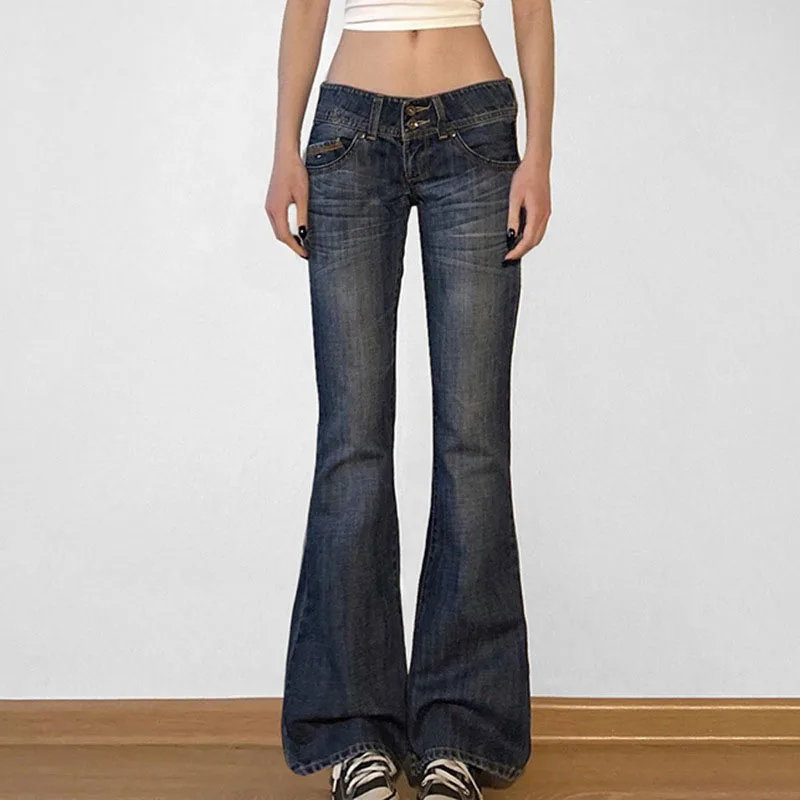 

American Retro Low Waist Jeans Women Y2K Streetwear Slim Cowboy Flared Pants Mujer Harajuku Washed Button Pockets Denim Trousers
