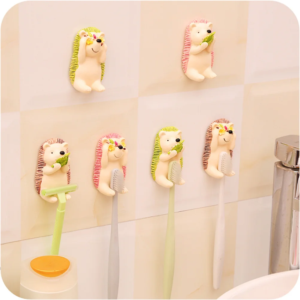 Hemoton Kids Toothbrush Holder Wall Mounted Cute Cartoon Hedgehog Shaped Self Adhesive Bathroom Storage Organiser