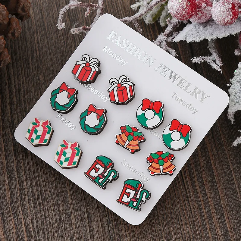 3/6 Pair Christmas Studs Earrings Set For Women Cute Santa Claus Elk Snowman Xmas Tree Wooden Earrings New Year Jewelry Gift