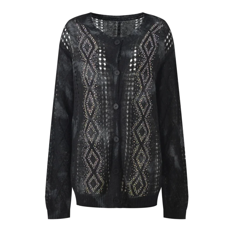 خريف جديد المرأة جولة الرقبة جوفاء خارج الماس مطعمة فضفاضة طويلة الأكمام سترة مشغولة من الصوف y2k المألوف سترة سترة غير رسمية #6