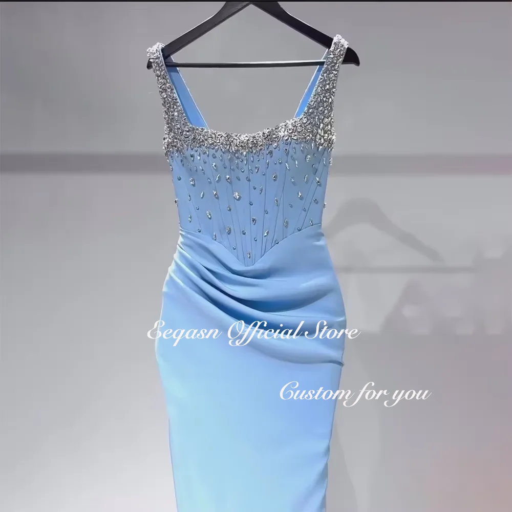Luxury High Slit Evening Dresses Light Blue Mermaid Party Dress Crystal Strapless Vestidos De Fiesta Elegantes 2026 Customized