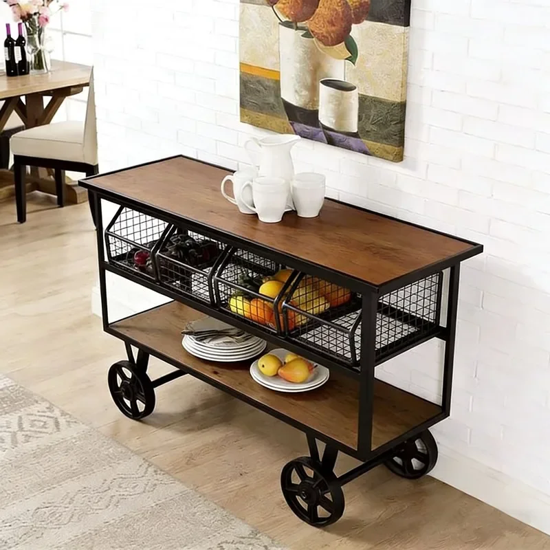 American wrought iron solid wood retro dining car wheelbarrow dining plate collection car hotel KTV wine cart dining side cabine