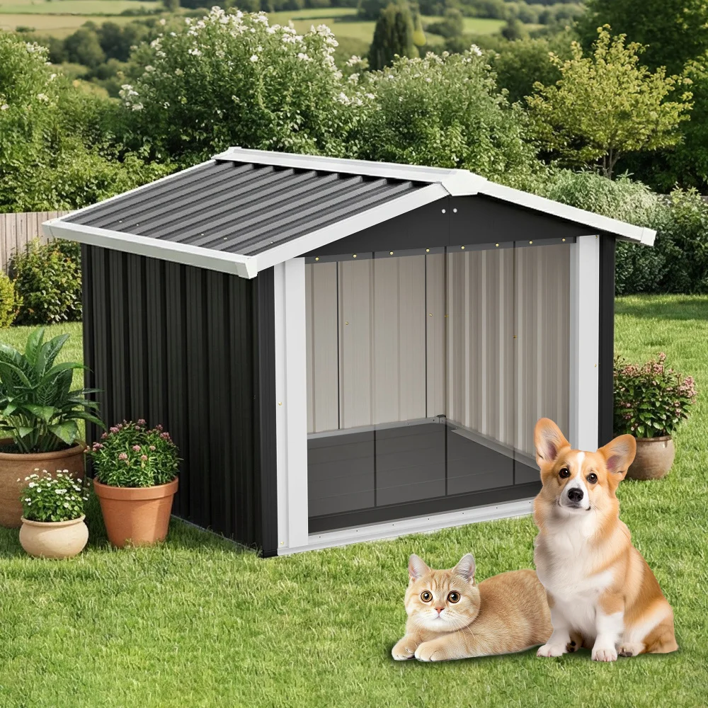 Caseta para Perros de Plástico Impermeable 102x91x84cm, Casa para Mascotas Resistente a la Intemperie con Techo Inclinado y Ventilación
