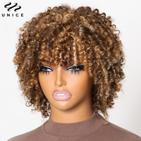 UNICE Blonde Highlight Afro Kinky Curly Wig With Bangs 100% Human Hair Bouncy Curls Short Human Hair Wigs Full Machine Made Wig