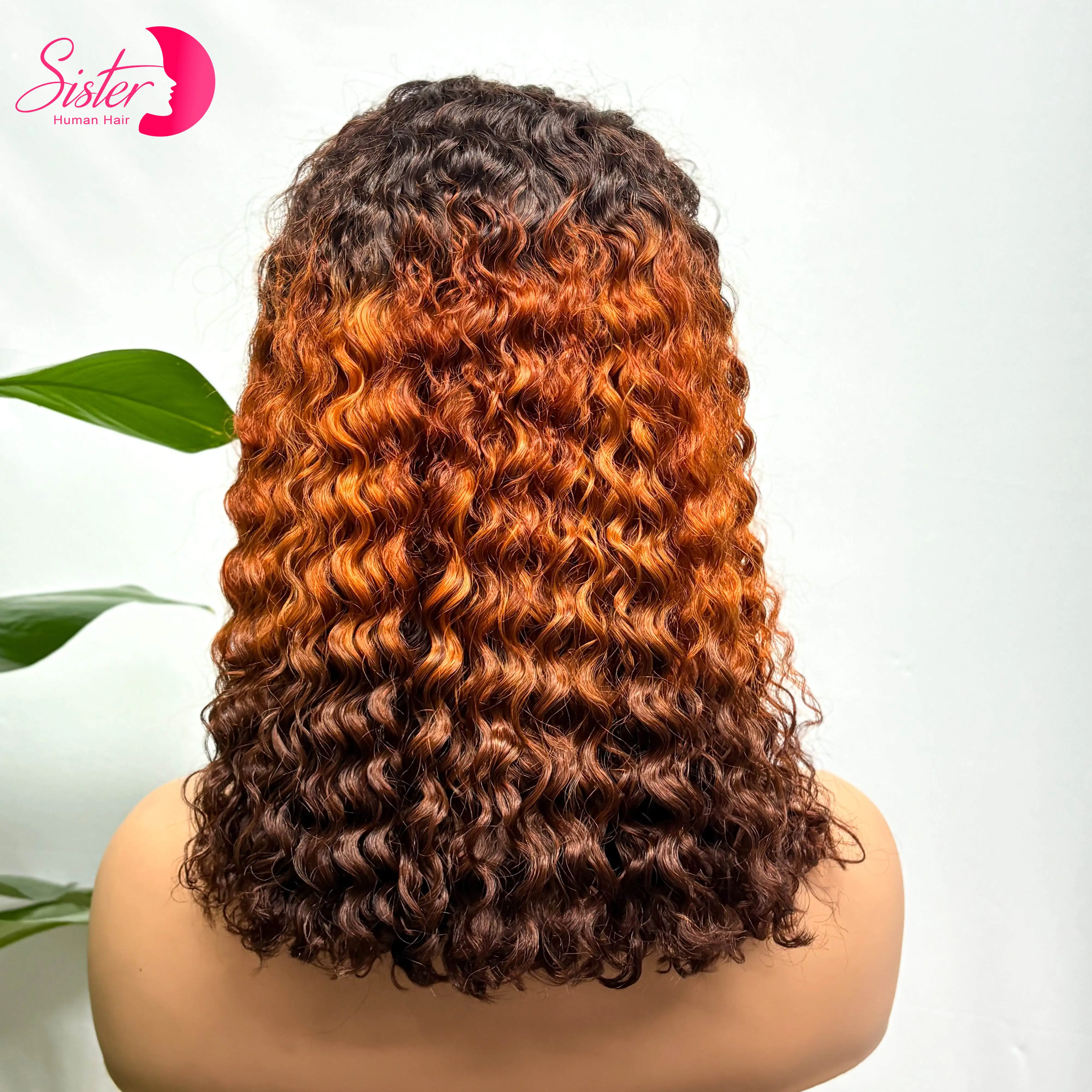 

250% Density 4/350/4 Ginger Orange Water Wave Human Hair Wigs 14‘’ 13x4 Transparent Lace Frontal Short Curly Bob Wigs for Women