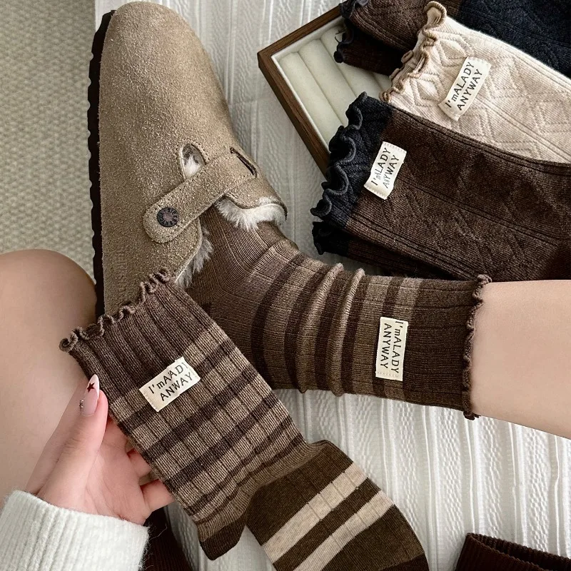 

5 Pairs Women's Cotton Mid-Calf Socks Set Fall Winter Breathable Stretch Comfortable Warm Socks Fancy Girls' Socks with Ruffles