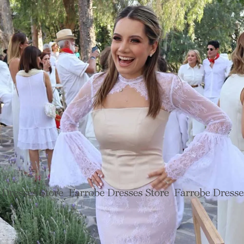 Mode Damen Abendkleider Spitze Mantel/Säule Valentinstag Kleid Weiß O-Ausschnitt Hohl Flare Ärmel Ballkleider Lang 2025