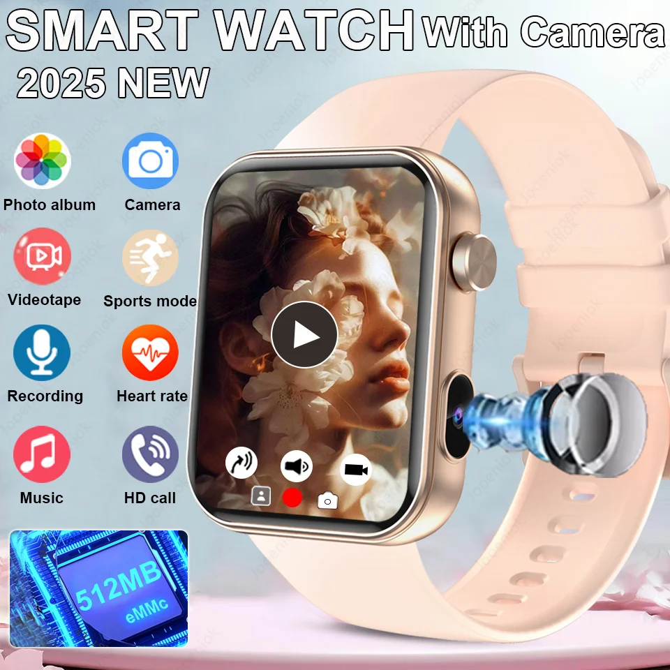 

Новые умные часы с камерой для женщин, 512 МБ памяти, запись видео, водонепроницаемые, BT-вызов, спортивные, фитнес, пульсометр, умные часы для женщин