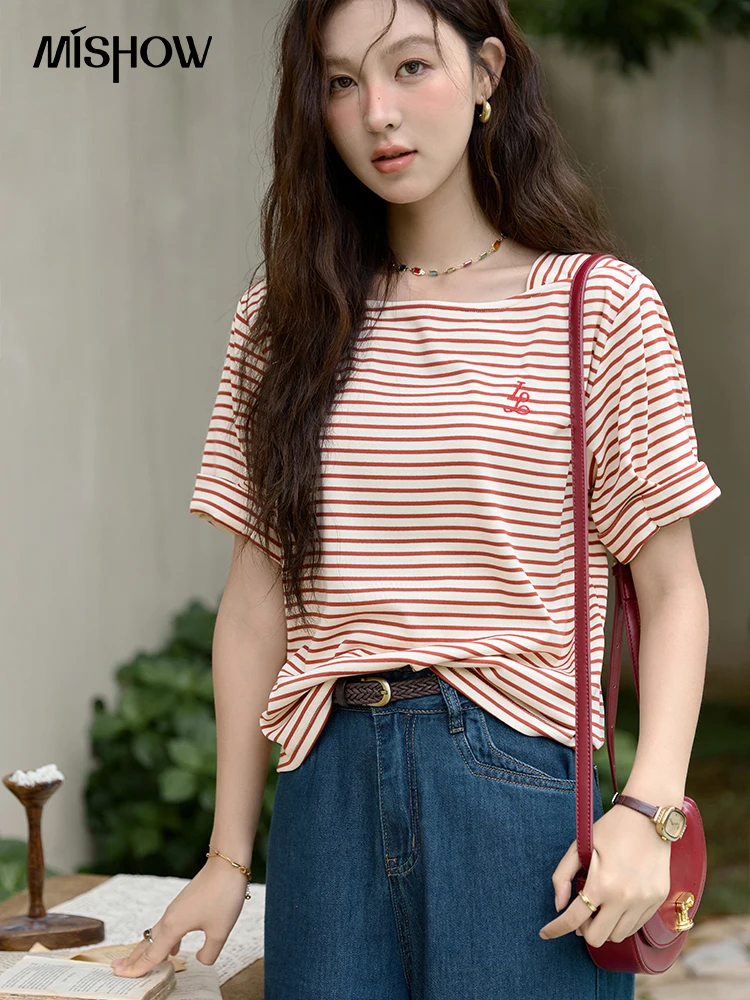 

MISHOW Red White Striped T-shirt for Women Summer 2024 Embroidered Short Sleeved Top Female Square Neck Knitted Tees MXD29T0338