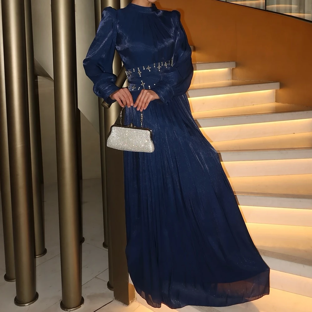 

Customized A-line Evening Dresses Floor-length High-neck Full Sleeve Prom Gown Fsahion Crystal Simple Draped Casual Party Gown