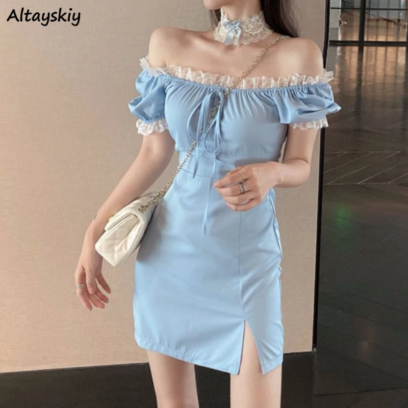 

Blue Dress Women Bodycon Sexy Girl New Design Ins Summer Streetwear Temperament Mini Club Slit Fashion Slash Neck Vestido Mujer