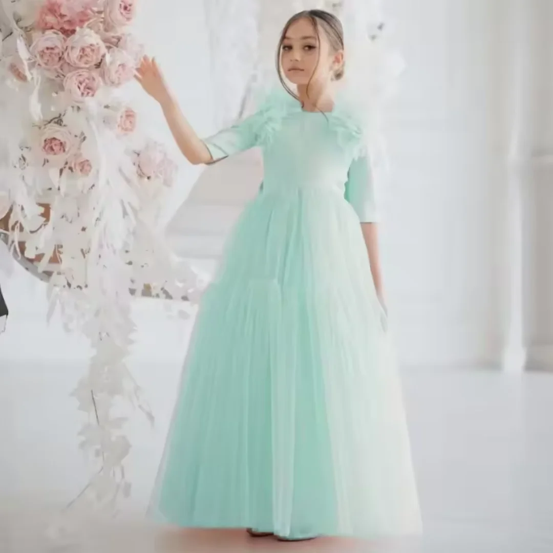 Floral Decorated Tulle Princess Dress for Girls Perfect for Flower Girl Birthday Celebrations And Weddings