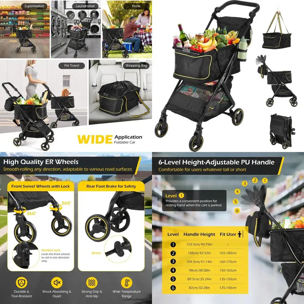 

Складная двухуровневая тележка для покупок с регулируемой высотой, грузоподъемностью 70 фунтов и поворотными колесами, черная