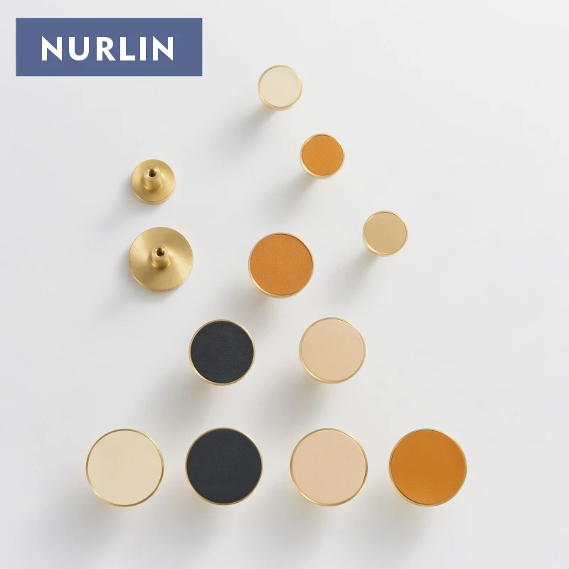 Nurlin Brass Cow Leather Furniture Handles Circle Long Shaped Wardrobe Luxurious Cabinet Knobs Door Pull Multiple Sizes