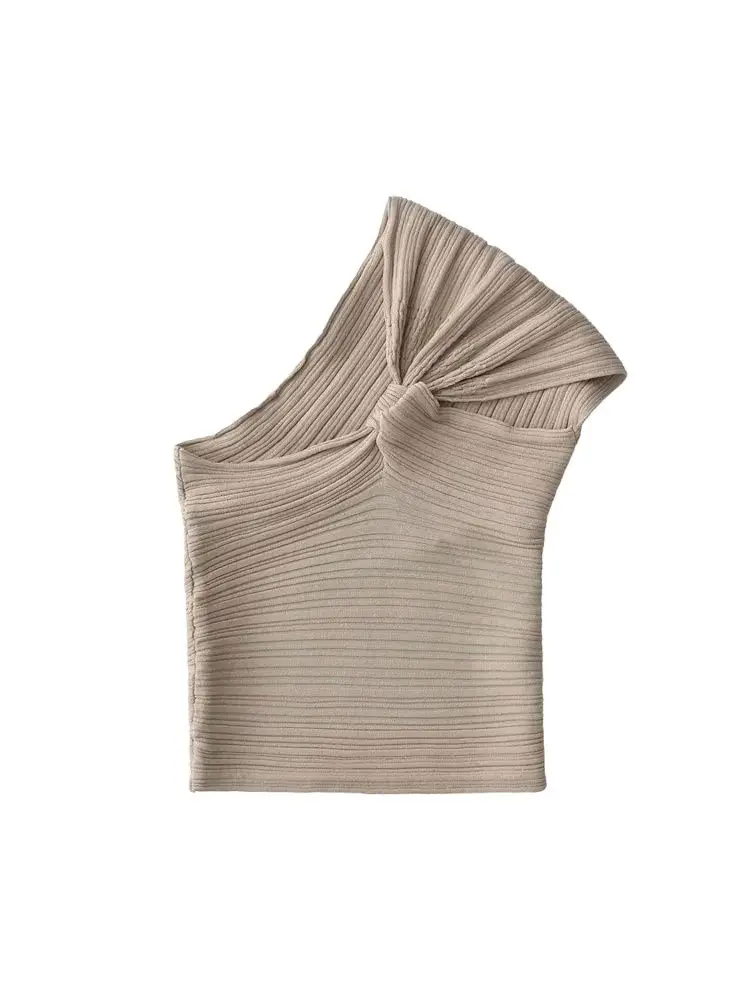 เสื้อครอปถักลายริบแบบไม่สมมาตรสำหรับผู้หญิง แฟชั่นเก๋ไก๋ แขนเสื้อมีปมด้านหน้า เสื้อผู้หญิง