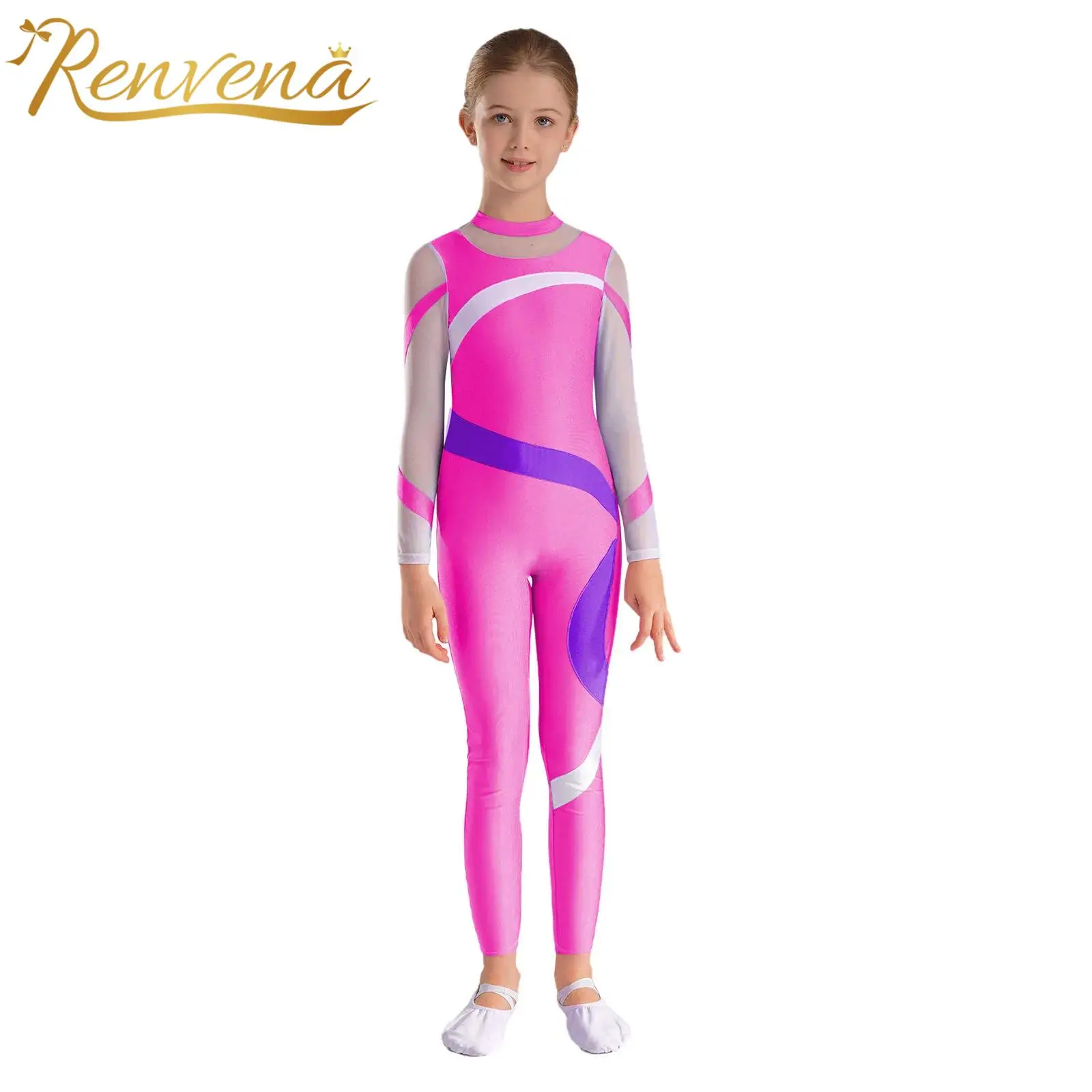 Kids Girl's Gymnastics Jumpsuit Long Sleeve Figure Skating Bodysuit Teen Contrast Color Sheer Mesh Splice Ballet Dance Leotard