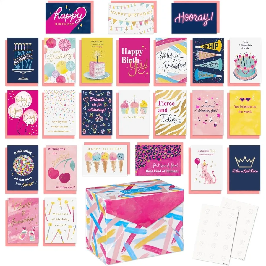

25Count Birthday Card Assortment For Her with Envelopes Seals and Storage Box Fierce and Fabulous