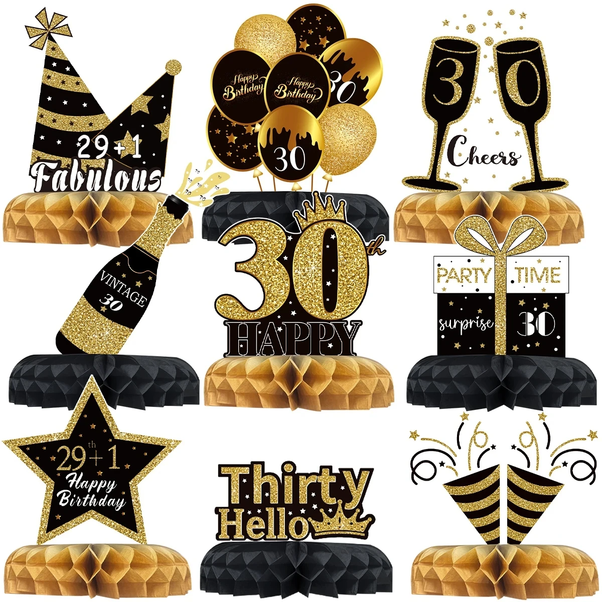 9 Stück Schwarzgold 18/21/30/40/50/60th Happy Birthday Desktop Wabenornamente Foto Requisiten für Happy Birthday Party Decor – Detail 2