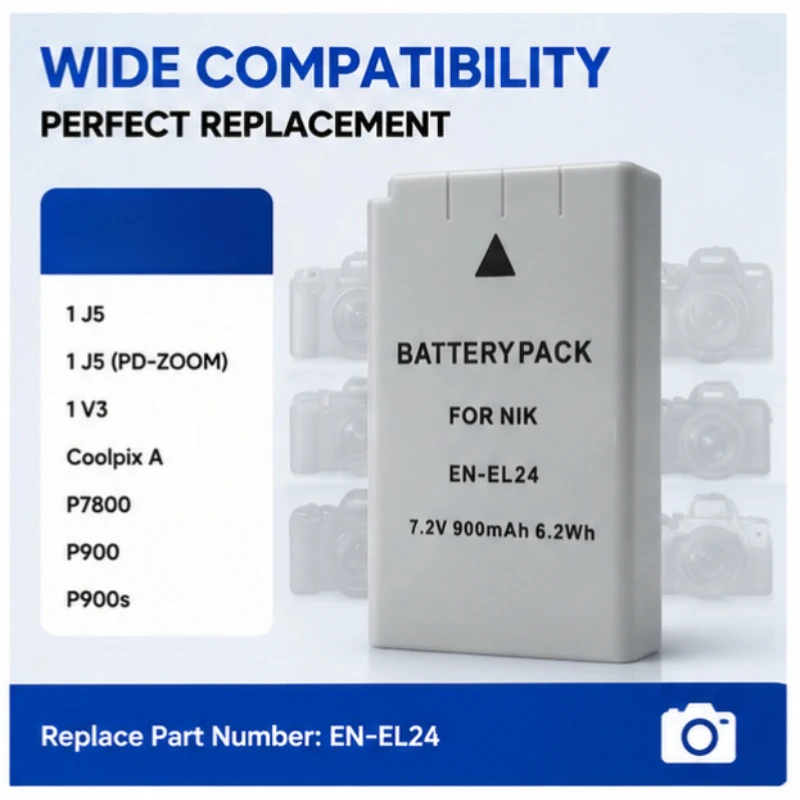 900mAh Capacity Suitable for Nikon EN-EL24 Camera Battery Suitable for 1J5 1J5 Camera Lithium Long Range Digital Battery