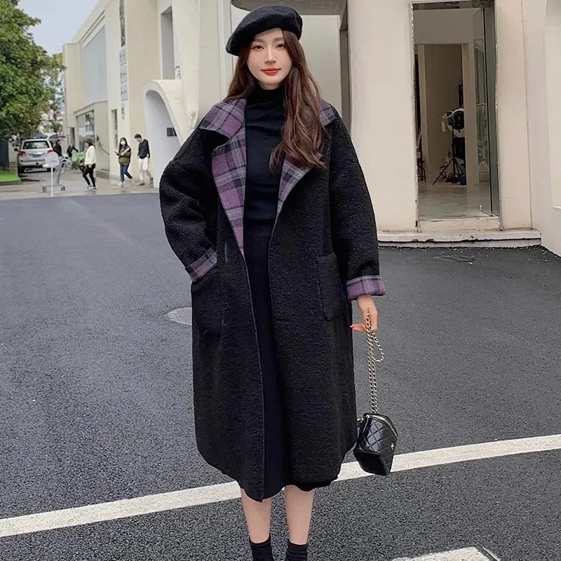 Purple Retro Plaid Long Woolen Coat for Women Clothing in Autumn and Winter 2024 New High-end Loose and Thick Double-Sided Coat