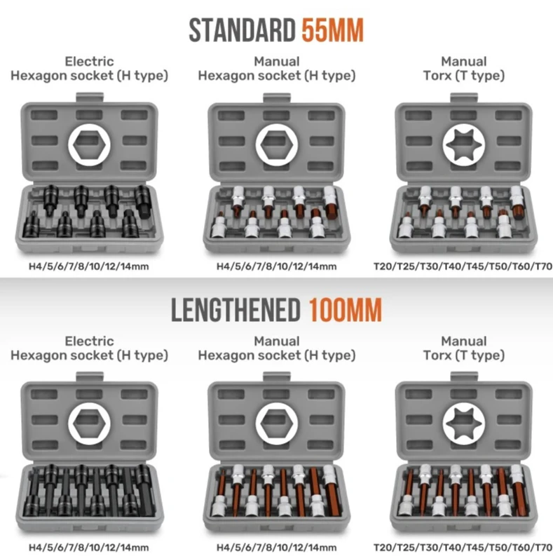 

Для пневматических/электрических/головных ключей, 8 шт., шестигранная/Torx головка CR-MO/CR-V, удлиненная торцевая головка S2, отвертка, гаечная головка