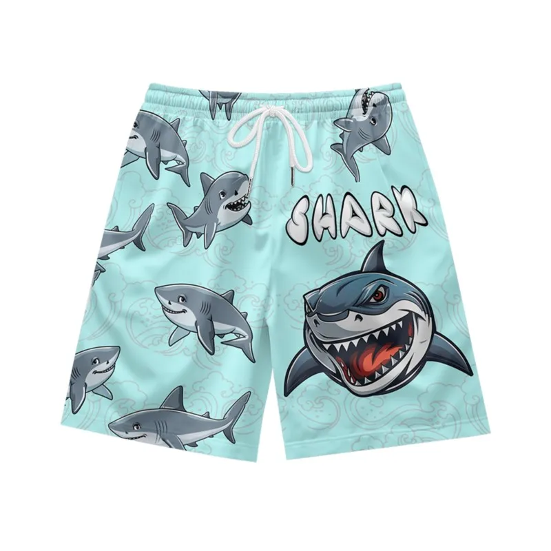 Cartoon shark pattern daily fashion temperament trend casual loose summer men's drawstring sports sky blue shorts