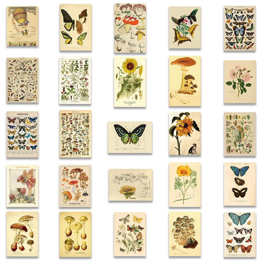 50PCS Vintage Yellowed Flower Animal Retro Postcard Stamp Stickers Aesthetic Diary Suitcase Scrapbook Phone Laptop Sticker