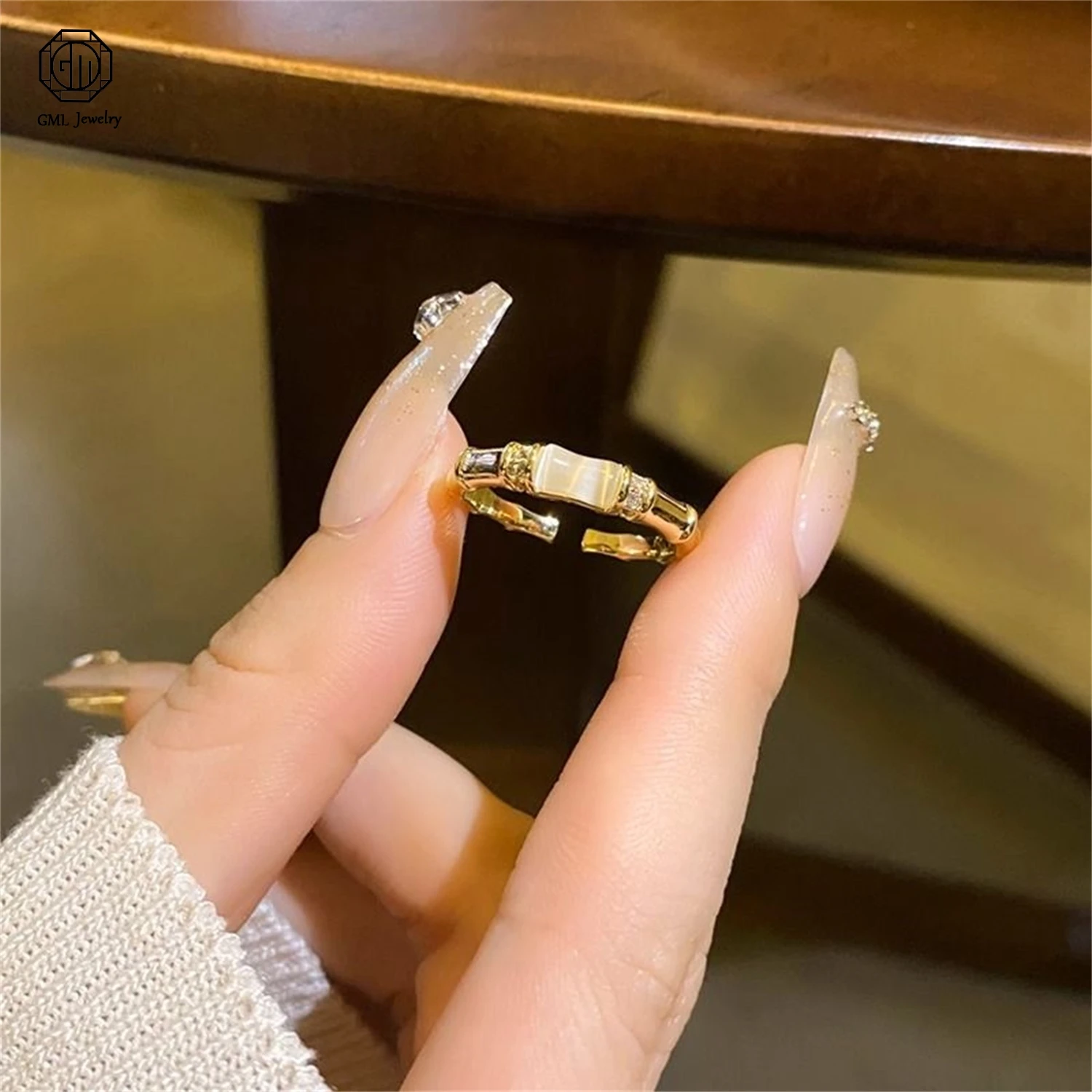925 Sterling Silver Cat Eye Bamboo Joint Ring Open Adjustable Band Minimalist Elegant Statement Jewelry for Women Gift Idea