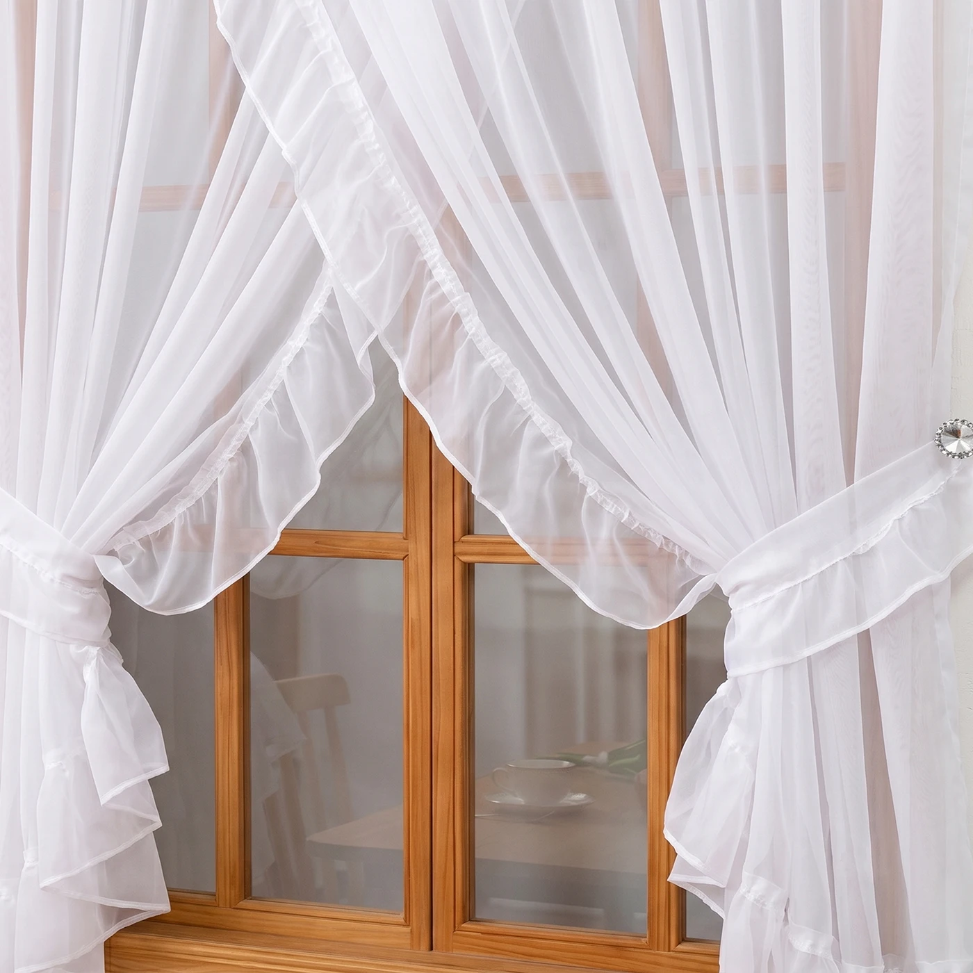 1PC Rod Pocket Romantic Sheer Curtain With Ruffled Trim, Light Filter Window Drape, For Living Room, Sweet Housewarming Gift