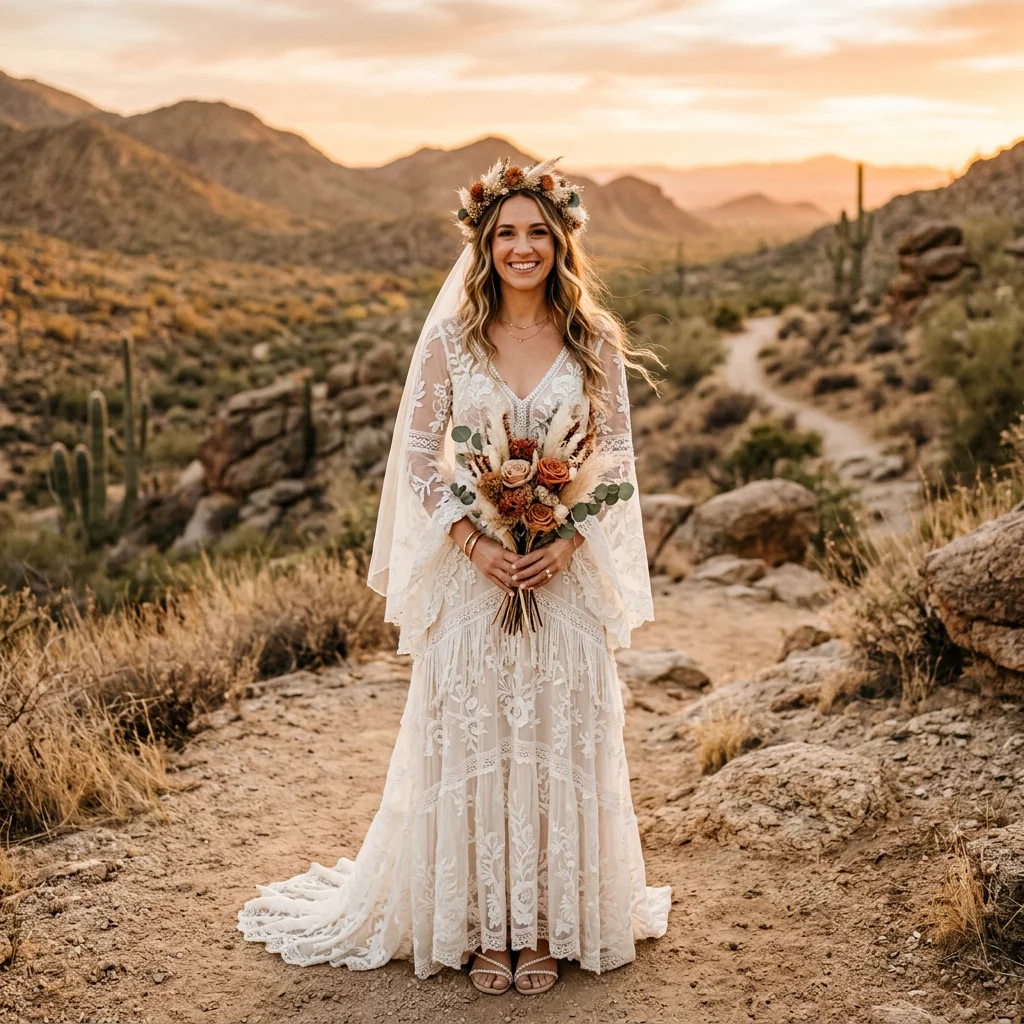 Boho V Neck Bell Sleeve Lace A Line Wedding Dress Tiered Fringe Bohemian Desert Bridal Gown