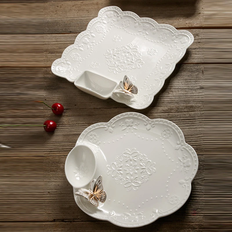 

European Creative Dumpling Plate With Vinegar Dish Relief Ceramic Home Kitchen Restaurant Supplies Fruit Salad Dining Plate, 1Pc