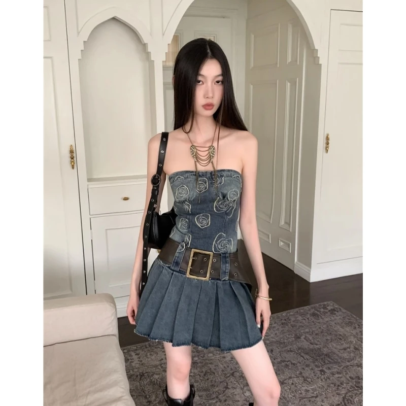 Summer Blue Denim Skirt Womens Belt Printing Off Shoulder Sleeveless Fashion Y2K Style 2023 NEW Female Temperament Party Dress