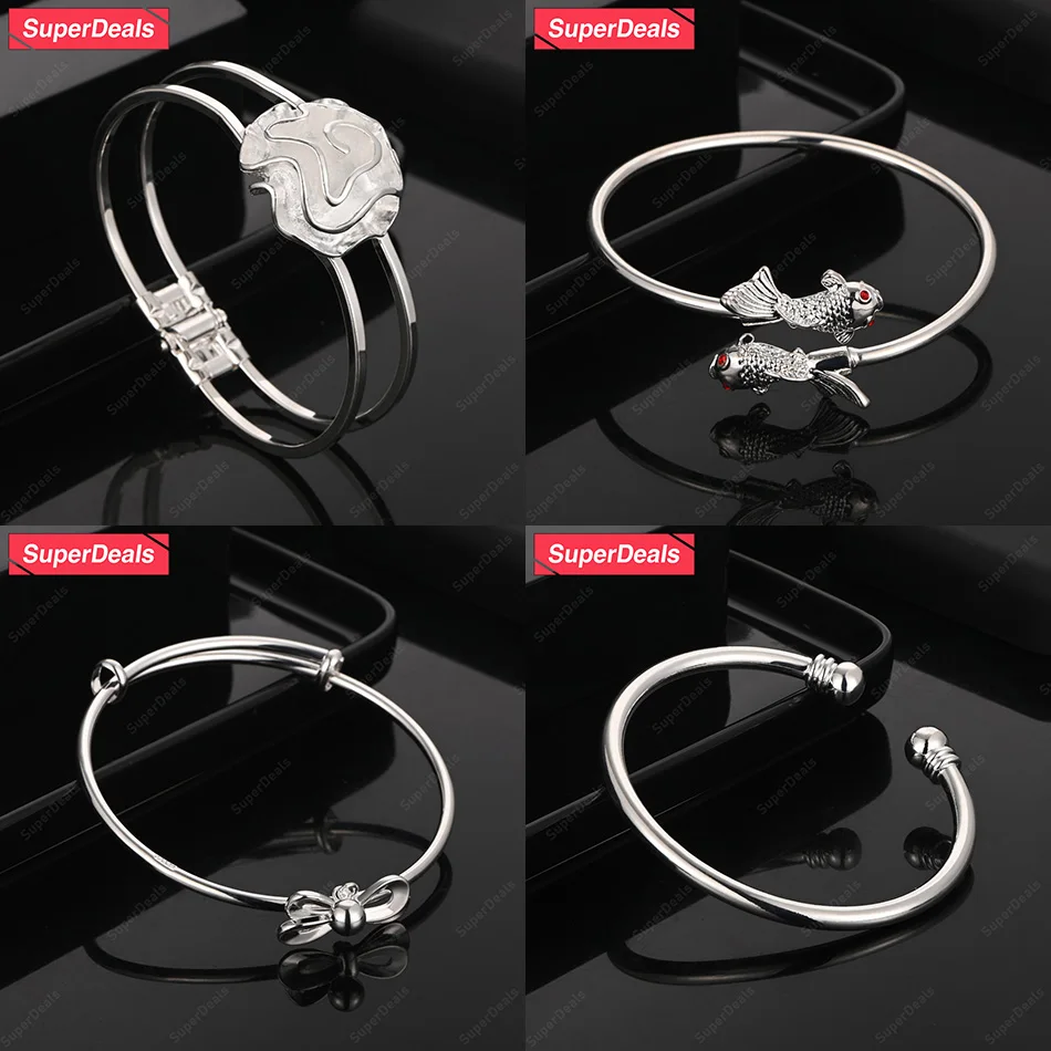 

SuperDeals 925 Sterling Silver Bow Flower Red Zircon Fish Adjustable Round Bangles Men Women Engagement Party Charm Jewelry Gift