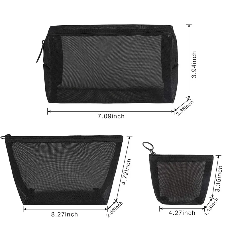 3Pcs Black Mesh Toiletry Bags Travel Makeup Bag Small Large Case Organizer Cosmetic Cases Toiletries Storage Handbag Pouch