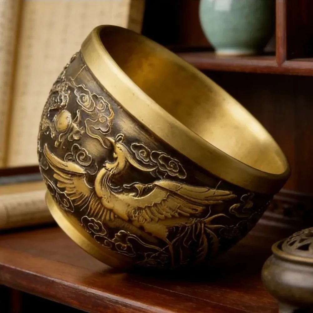 Vintage Retro Dragon Phoenix Cup Gold Traditional Hundred Blessings Cup Feng Shui Desktop Ornament Millet Cylinder Home Decor