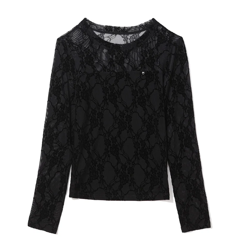 Nuovo 2026 Primavera a maniche lunghe O-Collo T-shirt da donna Moda Casual Floccaggio Mesh Top M-3XL Nero Tees