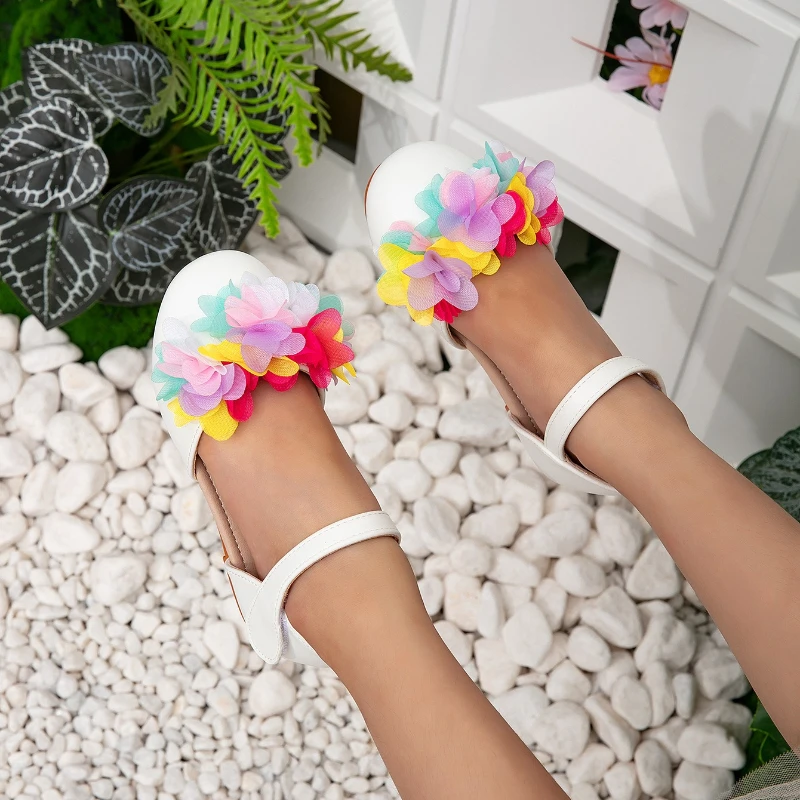 Girls Colorful Flower Mary Jane Sandals Summer Wedding Party Children Flat Shoes Fashion School Perform Kids Princess Sandals