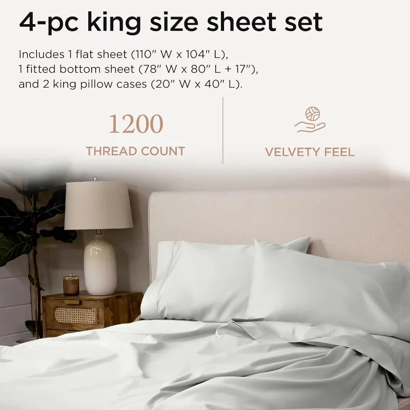 Luxurious Supima Cotton Sheets, King Size Soft 100% Cotton Sheets, Light Gray King Size 4-Piece Sheet Set