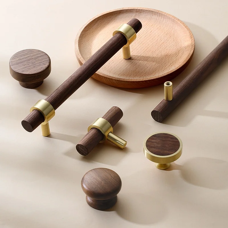 New Chinese Solid Brass Walnut Wood Cabinet Door Handles Beech Wood Kitchen Accessories Wardrobe Drawer Knobs Furniture Handles