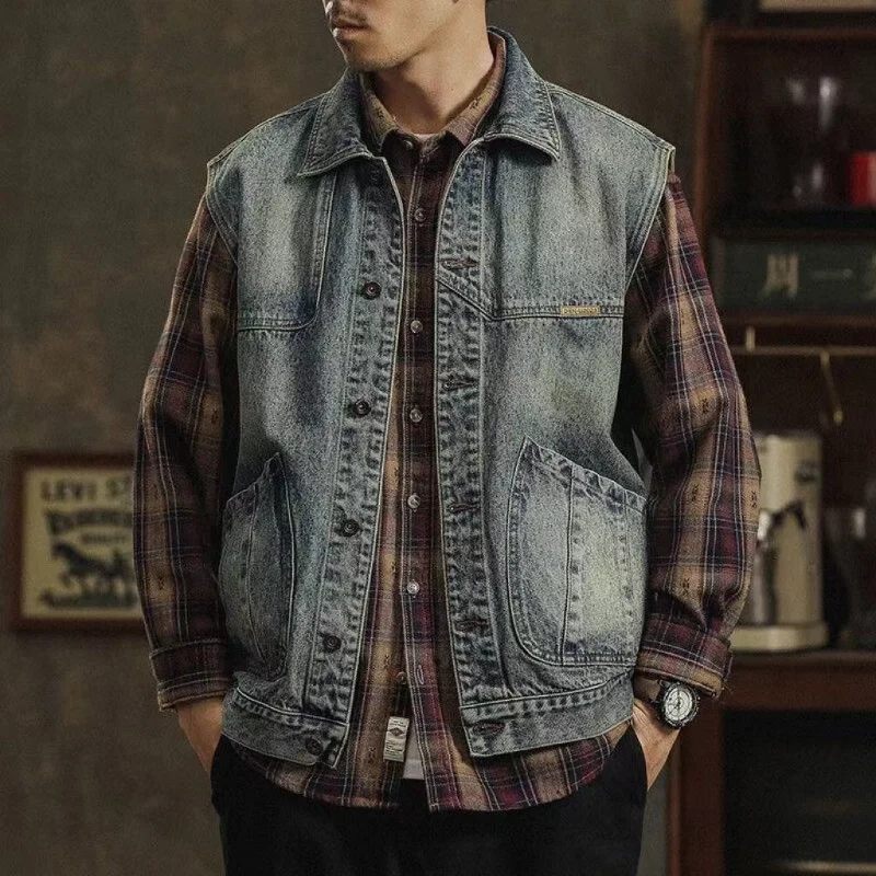 

Retro Spring and Autumn New Vest American Workwear Denim Men's Loose Jacket Vest Casual Sleeveless Vest