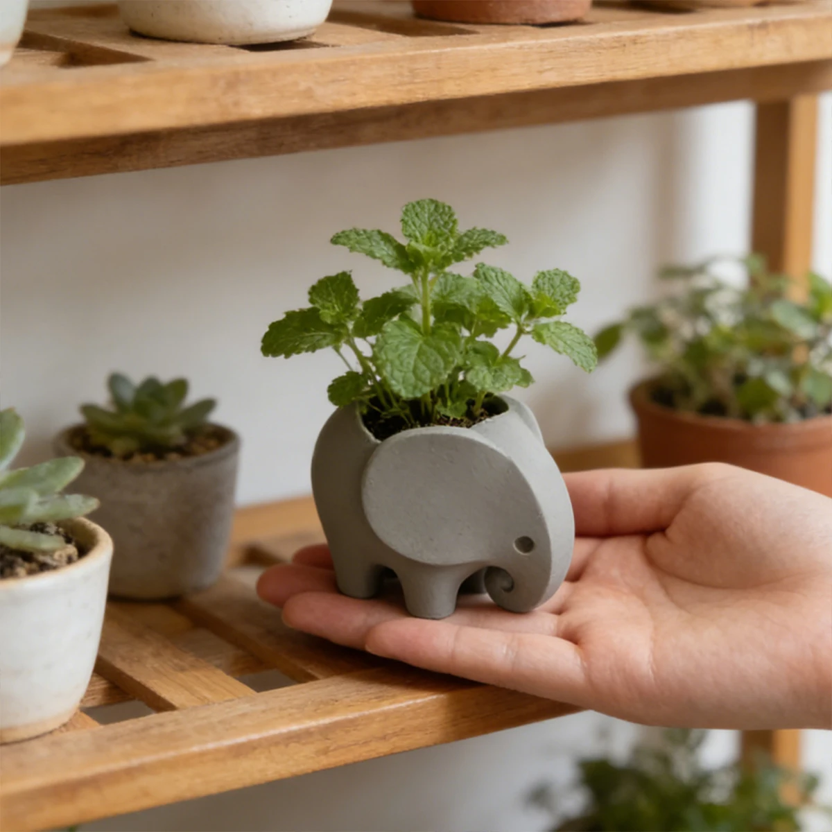 Maceta pequeña para suculentas con forma de elefante, con orificio de drenaje, maceta pequeña para cactus, para escritorio, estante, balcón, uso interior/exterior, 1 unidad