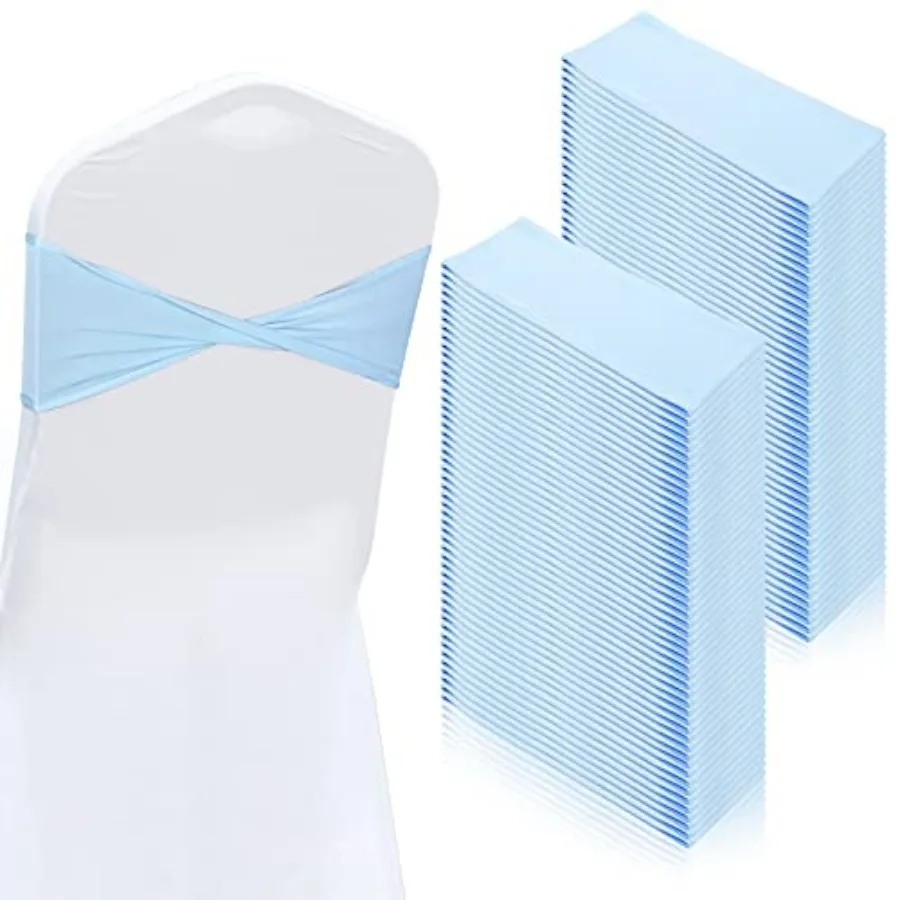 

100 Pcs Spandex Chair Sashes Bows Without Buckle Light Blue Stretch Chair Cover Bands Baby Shower Plain Bow Sash Elastic Bands