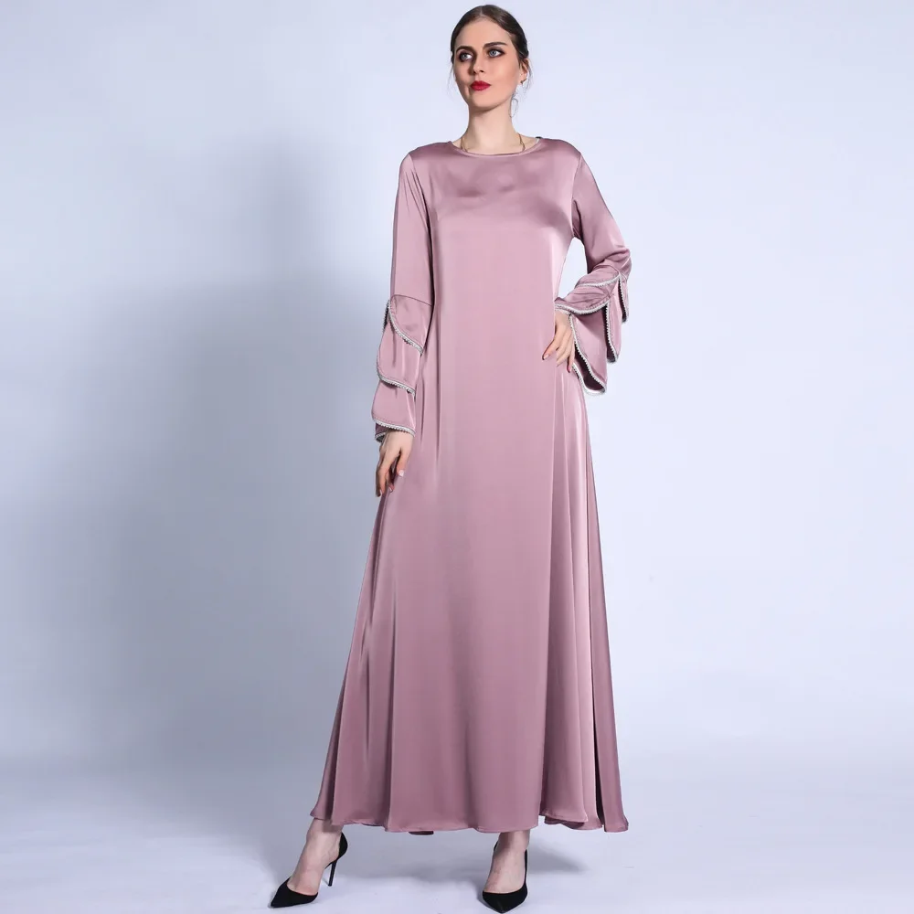 Moda fosco vestido muçulmano elegante brilhante frisado a linha mulher fishtail manga de três camadas vestido solto vestido de festa de férias