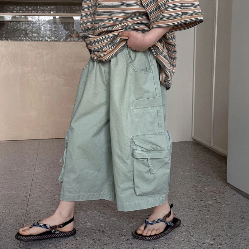 2026 Spring and Summer New Solid Color Water Washed Soft Cotton Multi Pocket Work Clothes Nine Leg Pants for Children