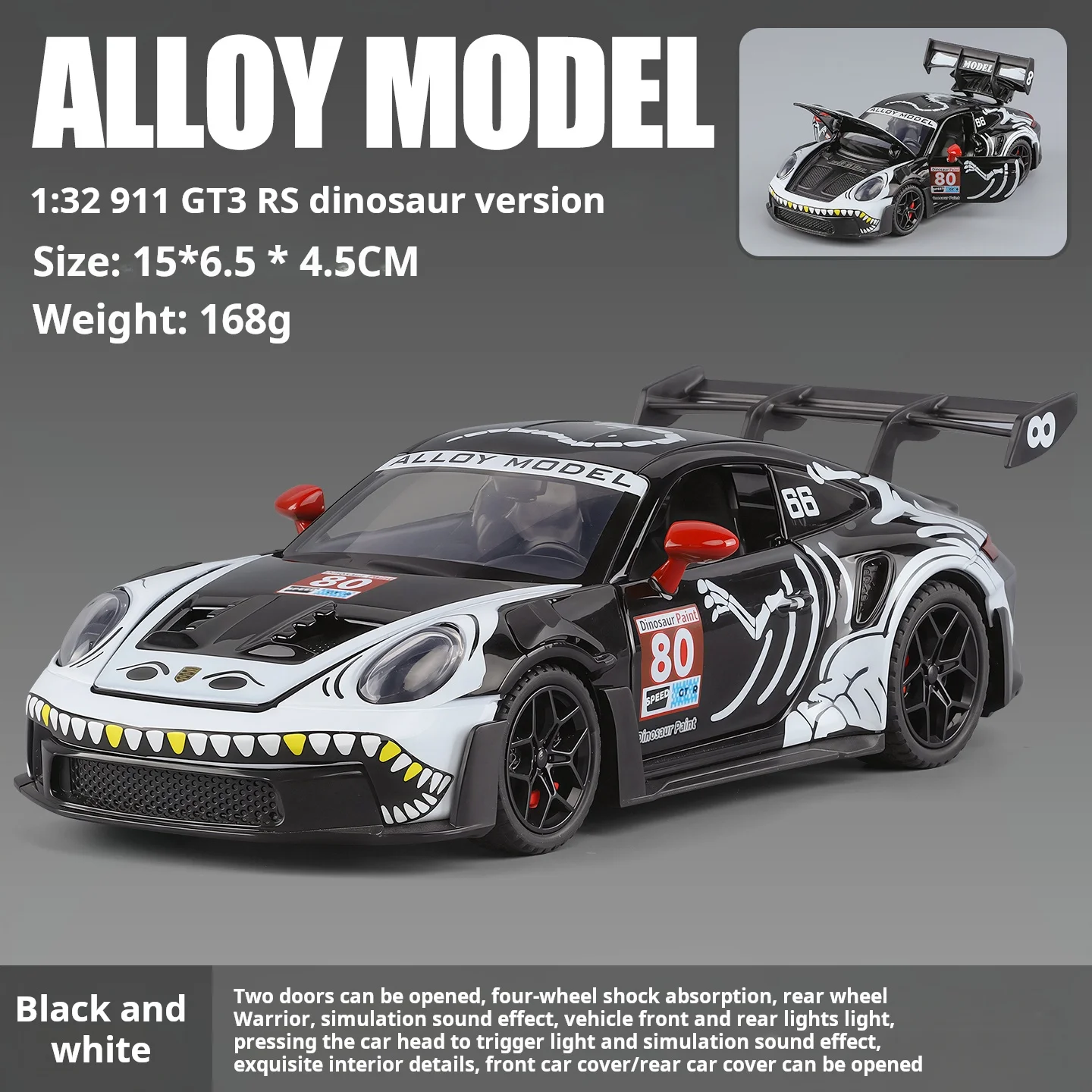 1:32 Dinosaur Graffiti GT3 RS Sports Car Alloy Diecast Model Toy Cars Sound & Light Pull Back Simulation Models Boys Gifts view 6