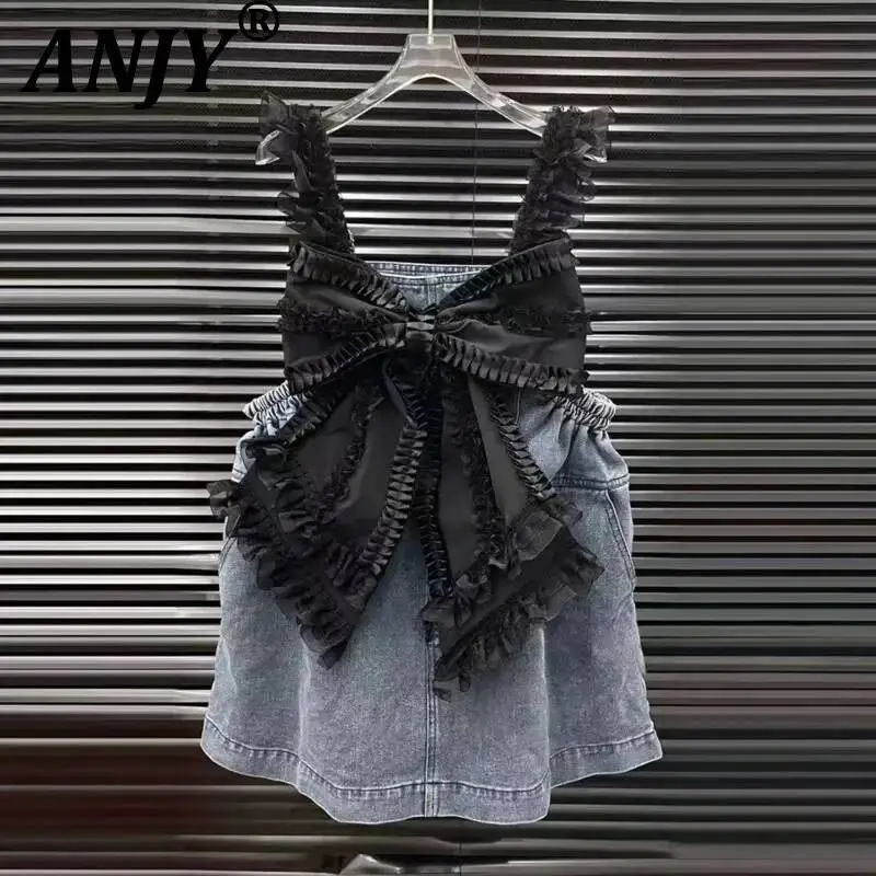 ANJY Summer New Women Trendy Bow Pleated Denim Patchwork Lace Niche Designs Overall Dress Chic High Street Sleeveless Ins A24277