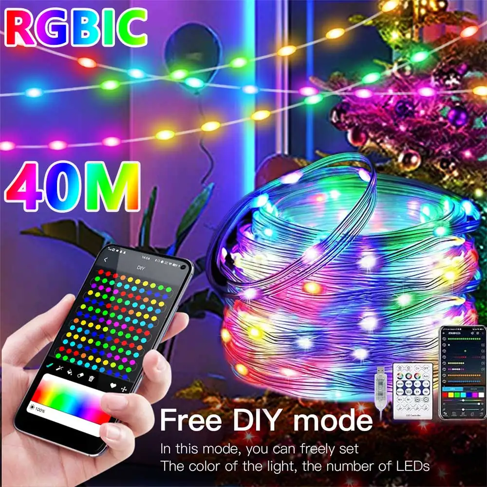 1-40M RGBIC LED String WS2812B Bluetooth USB Music Dream Color Light 5V Christmas Birthday Party Garland Decor Fairy Lights Home