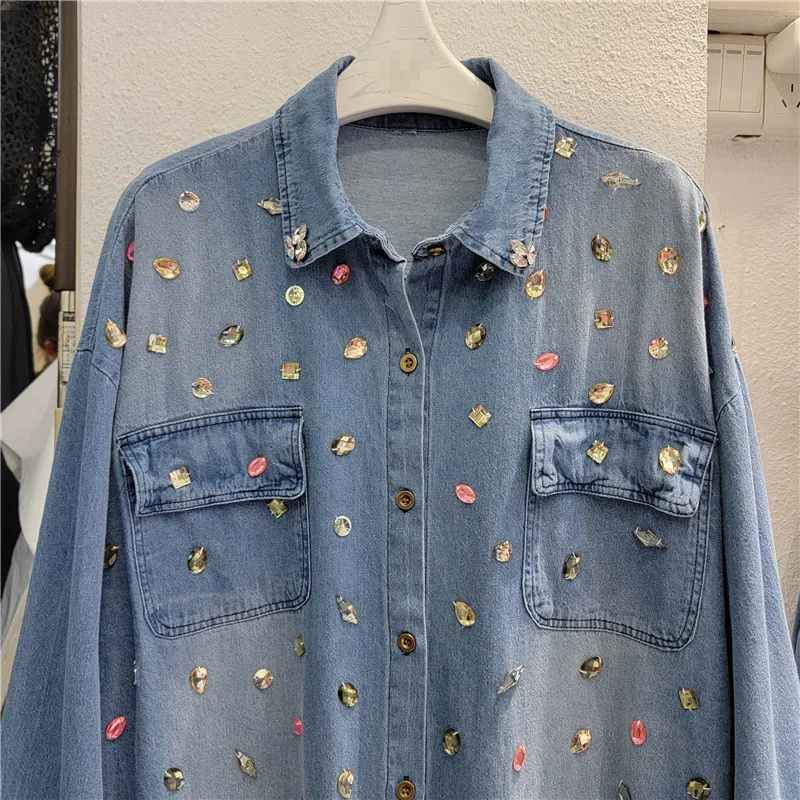 Retro Chic Light Luxury High-end Denim Shirts Women's 2025 Early Spring New Pocket Decoration Shirt Female Versatile Inner Tops