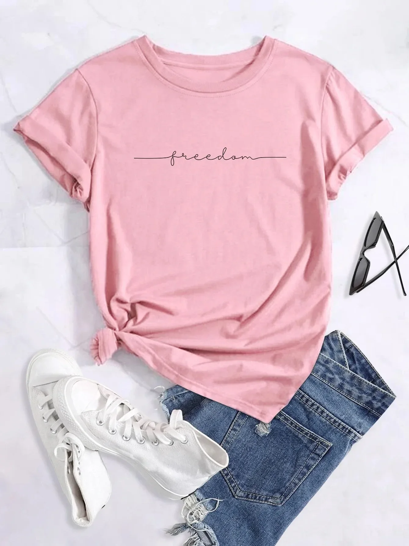 100% Cotton T Shirt Fashion Casual Gothic Clothing Graphic Printed Summer Letters Freedom T Shirt Fashion Women Short Sleeve Tee